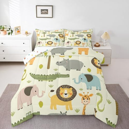 Feelyou Nursery Cute Wild Animals Bedding Set for Girls Boys Child Kids Cartoon Lion Giraffe Crocodile Comforter Decor Nature Wildlife Comforter Set Zoo Animal Theme Duvet Set Full Size Quilt Set