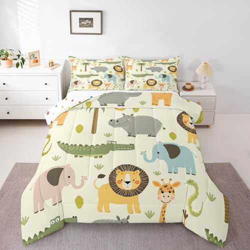 Feelyou Nursery Cute Wild Animals Bedding Set for Girls Boys Child Kids Cartoon Lion Giraffe Crocodile Comforter Decor Nature Wildlife Comforter Set Zoo Animal Theme Duvet Set Queen Size Quilt Set