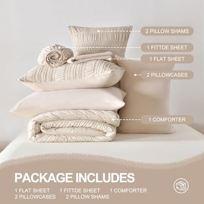 DHSFKBE Beige Tufted Comforter Set King Size 7 Piece Bed in a Bag，Shabby Chic Boho Bedding for Bedroom Comforter，All Season Soft Microfiber Ruffle Comforter Set with Pillow and Sheets