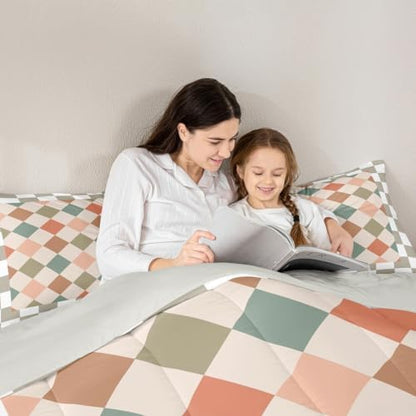 Checkered Geometric Kids Comforter Set Full Size Retro Green Beige Brown Plaid Bedding Set Checkerboard Modern Aesthetic Duvet Quilt for Kids Boys Girls Bedroom Reversible Grey Decor