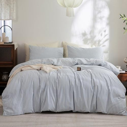 FOSSA Striped Duvet Cover Set 100% Washed Cotton Linen Feel California King