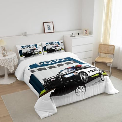 Children Police Car Down Comforter, 3D Car Pattern Comforter Set Queen Size for Kids Boys Girls Teens Bedroom, Cartoon Automobile Quilted Duvet, Decorative 3 Piece Bedding Set with 2 Pillow Cases