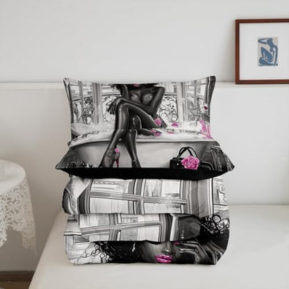 jejeloiu Afrcian American Woman Comforter Set King Size Kids Pink Black Bedding Set Boys Girls Teens Ethnic Afro Duvet Breathable Traditional Exotic Quilt Bedroom Decor,1 Comforter with 2 Pillowcase