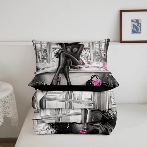 jejeloiu Afrcian American Woman Comforter Set Twin Size Kids Pink Black Bedding Set Boys Girls Teens Ethnic Afro Duvet Breathable Traditional Exotic Quilt Bedroom Decor,1 Comforter with 1 Pillowcase