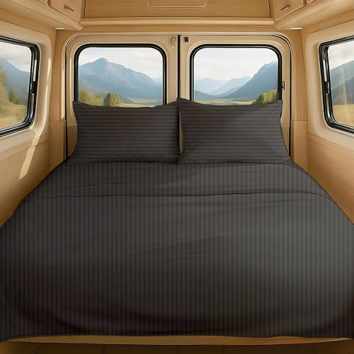 RV Short Queen Sheet Set 4 Piece - 100% Extra Long Staple Cotton, 400 Thread Count, Deep Pockets 15 to 18 Inches, Dark Grey Stripe, Hotel-Quality Bedding, Soft & Breathable Bedding for RV Bed
