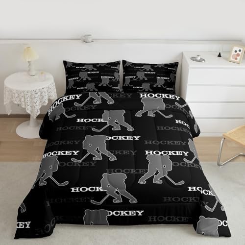 Ice Hockey Kids Bedding Set Queen Size, Comforter Set,Winter Sports Modern Quilt Comforter,Black Gray Bedroom Duvet Insert,2 Pillowcases