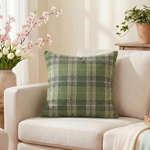 AVOIN colorlife Spring Summer Green Khaki Plaid Decorative Throw Pillow Covers, 18 x 18 Inch Holiday Scottish Tartan Cushion Case Farmhouse Decoration for Sofa Couch Set of 2
