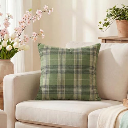 AVOIN colorlife Spring Summer Green Khaki Plaid Decorative Throw Pillow Covers, 18 x 18 Inch Holiday Scottish Tartan Cushion Case Farmhouse Decoration for Sofa Couch Set of 2