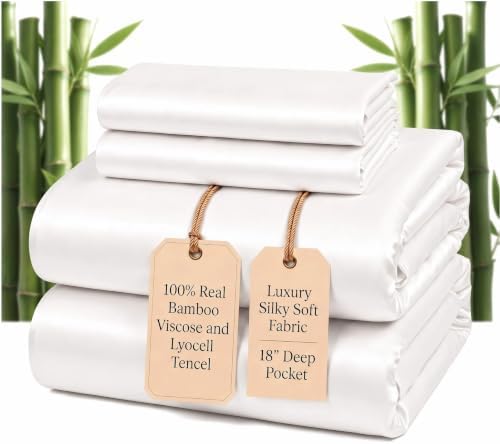 100% Real Bamboo Viscose & Lyocell Tencel Sheets Set King Size | Breathable & Cooling for Hot Sleeper | Luxury Silky Soft Fabric | 18" Deep Pocket with Corner Straps (Natural White, King)