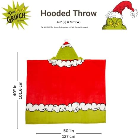 Franco Dr. Seuss The Grinch Holiday Christmas Kids Bedding Soft Cozy Hooded Throw Blanket, 40 in x 50 in, (Officially Licensed Product)