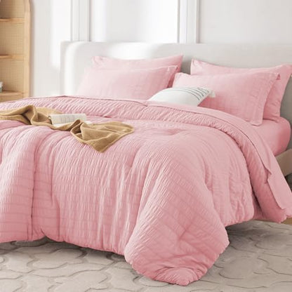 MUXHOMO 7 Pieces Oversized Queen Comforter Set, Seersucker Bed in a Bag Oversized Queen Size, All Season Luxury Bedding Set with Comforter, Flat Sheet, Fitted Sheet, Pillowcases & Shams, Pink