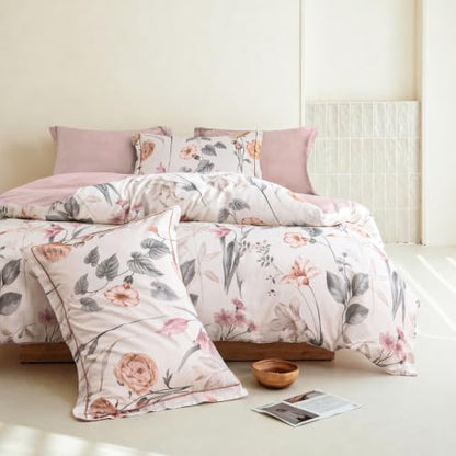 King Comforter Set 3 Pieces, 100% Cotton Vintage Cream Floral Bedding Set for All‑Season, Soft Breathable Comforter with 2 Pillow Shams