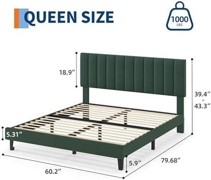 Garvee Queen Size Platform Bed Frame with Upholstered Headboard, Dark Green
