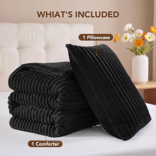 HYLEORY Fluffy Twin Comforter Set 2 Pieces - Fleece Fluffy Soft & Warm Plush Black Comforter Sets, Luxury Fuzzy Bedding Sets, All Season Heavy Bed Set Twin Size with 1 Pillowcase