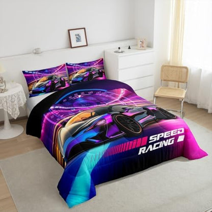Erosebridal Race Car Bedding Set Boys Extreme Sports Comforter Set for Kids Boys Cool Car Sports Quilt Set 1 Comforter with 2 Pillowcases King Size,Hot Pink Blue and Black