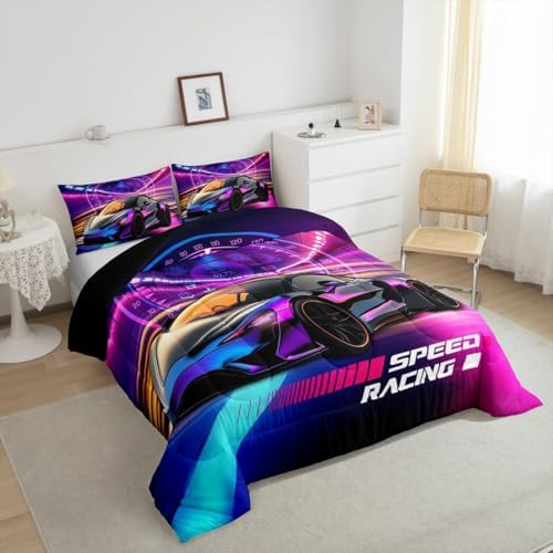 Boys Racing Car Comforter Set,Cool Speed Race Car Bedding Set Toddler Size for Kids Boys Teens Bedroom,Blue Purple Speed Dashboard Sports Cars Down Comforter,Automobile Extreme Sport Quilted Duvet
