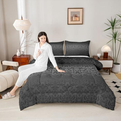 jejeloiu Gothic Damask Bedding Set Soft for Boys Girls, Vintage Jacquard Comforter Set Twin Size Black Exotic Floral Duvet Quilt Microfiber Antique Classic Bedroom Decor 2 Pcs with 1 Pillow Cases