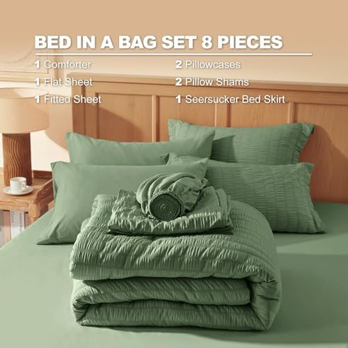 Laojin Balhen Queen Comforter Set 7 Pieces, Olive Green Seersucker Bed in a Bag Set Queen Size, All Season Luxury Bedding Sets with Comforter, Sheets, Pillowcase & Sham