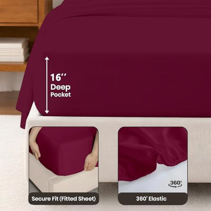 SGI bedding 100% Egyptian Cotton Sheets Queen Size – Cooling Sheets, Soft Breathable Burgundy Bedding, Luxury Bedding, Luxury Hotel Sheet Set, Deep Pocket 16", 4 Piece Set