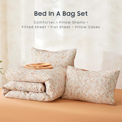 Wake In Cloud - Floral Comforter Set with Sheets, Cute Vintage Flower Cottagecore Aesthetic for Women Teen Girls, 5 Pieces Bed in a Bag, Cream Orange, Twin Size
