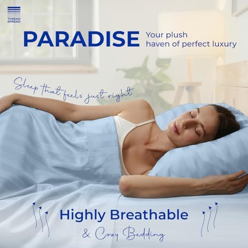 THREAD SPREAD Egyptian Cotton Sheets King Size - 1000 Series High Thread Count Cotton King Size Sheets Set (4 PC, Light Blue - Stripe), 16" Snug Fit Deep Pocket, Sateen Ultra-Soft Hotel Luxury Sheet