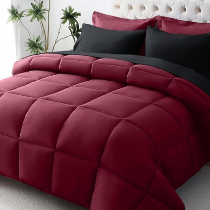 JOLLYVOGUE Full Comforter Set, Ultra-Soft Bed in a Bag Full Size 7 Pieces, Oeko-TEX Certified Bedding Set with Down Alternative Comforter, Sheets, Pillowcases & Shams, Burgundy & Black