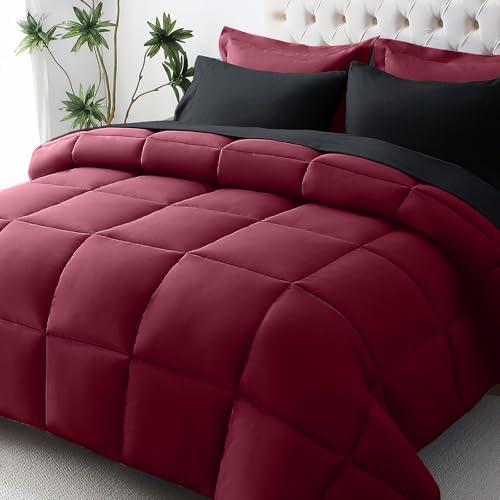 JOLLYVOGUE California King Comforter Set, Ultra-Soft Bed in a Bag Cal King Size 7 Pieces, Oeko-TEX Certified Bedding Set with Down Alternative Comforter, Sheets, Pillowcases & Shams, Burgundy & Black