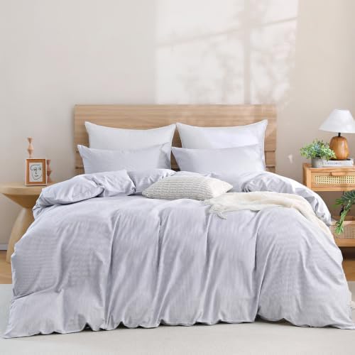 TOCOMOA Blue Striped Duvet Cover Set 100% Washed Cotton Like Linen, Queen