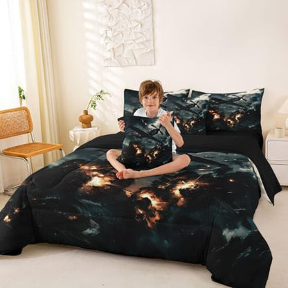 Erosebridal 7 Pcs Vintage Fighter Airplane Boys Bedding Set Full Military Aircraft Comforter Set with Sheets for Kids Teens Men Realistic 3D Print Cloud Flame Aviation Bed in A Bag Plane Bed Sets