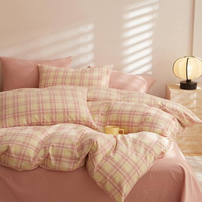 LifeTB Vintage Plaid Comforter Set King, 3 Piece Pink & Yellow Grid Gingham Bedding Comforter with 2 Pillowcases, Lightweight Soft Farmhouse Grid Bedding Aesthetic Plaid Checkered Comforter Set