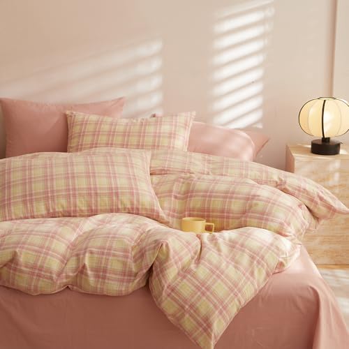 Vintage Pink & Yellow Plaid Comforter Set, 3 Piece Retro Grid Checkered Bedding Set, Breathable Soft Gingham Comforter with 2 Pillowcases, Farmhouse Plaid Checkered Comforter Set for All Season