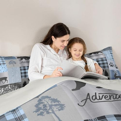 Rustic Patchwork Comforter Set,Blue Grey Checkered Plaid Quilt Set for Kids Teens Adult,Wild Animals Bear Elk Pine Trees Pattern Print Bedding Set Vintage Farmhouse Duvet Insert,King Size