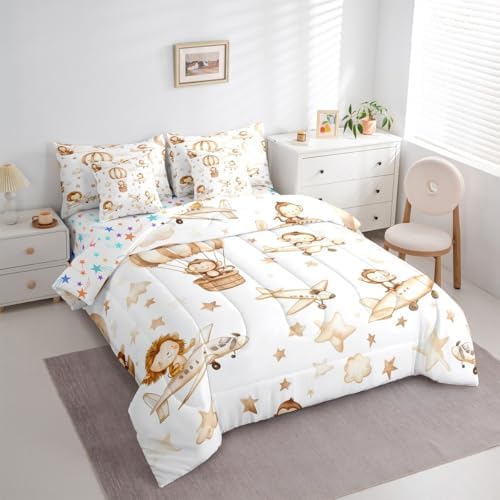 Erosebridal Kids Airplane 7 Pcs Bedding Set Queen, Cartoon Aircraft Comforter Set with Sheets, Hot Air Balloon Star Cloud Bed in A Bag, Cute Monkey Lion Wildlife Bed Sets for Boys Girls Adults
