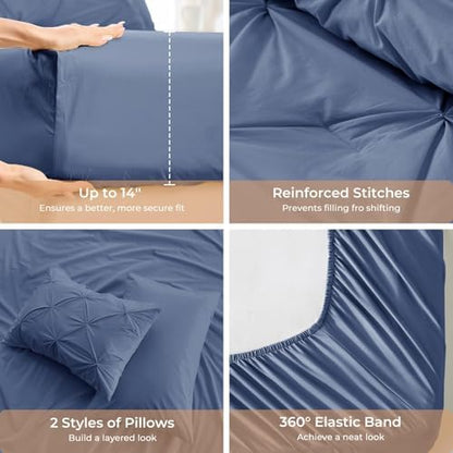 Sasttie Twin Comforter Set, 5-Piece Bed in a Bag, Pintuck Bedding Sets for All Season, Includes Comforter, Flat Sheet, Fitted Sheet, Pillowcase and Pillowsham, Slate Blue