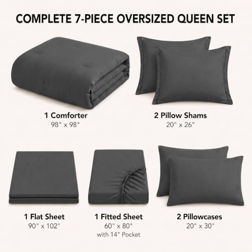 HIMEET Oversized Queen Comforter Sets, 7-Piece Point-Quilted, Dark Grey