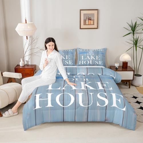 Lake House Comforter Set Toddler Size, Cabin Rustic Farmhouse Style Bedding Set 2pcs, Blue Wooden Plank Lake Themed Down Comforter for All Season, Kids Boys Girls Room Decor, 1 Pillowcase, No Sheets