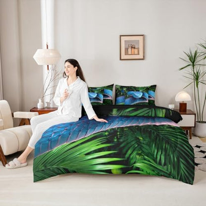Erosebridal Snake 7 Pcs Bedding Set Twin 3D Reptile Comforter Set with Sheets Blue Scales Bed in A Bag Palm Leaf Wild Animal Bedroom Decor