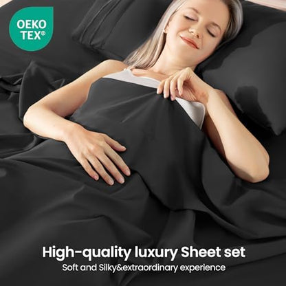 ROSE&RISY Black Full Sheet Set, 4 Pieces Soft Bedding Queen Sheet Set, Breathable and Cooling,Includes 1 Fitted Sheet, 1 Flat Sheet, 2 Pillow Cases - Deep Pocket (Black, Full)