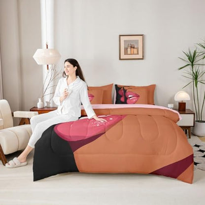 Erosebridal Black Girls Pink Comforter Sets 7 Piece for Kids African Black Women King Sheet Set Vogue Fashion Gorgeous Bedding Set for Girls Women Teens Minimalist Romantic Makeup Bed in A Bag