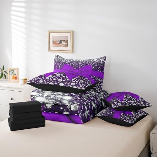 Erosebridal Purple Bowknot Bed in a Bag King Size Comforter Set 7 Pieces,Kawaii Bow Knot Sheet Set,Silk Ribbon Bedding Set,Glitter Sequin Print Diamond Bed Set Dreamy Princess Style Cute Dorm Decor