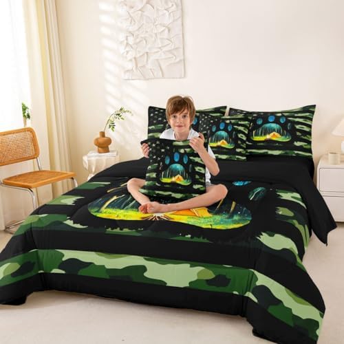 Erosebridal American Flag 7 Pieces Bedding Set Army Green Camo Full Comforter Set for Boys Girls Bear Claw Hunting Theme Bed in A Bag with Flat and Fitted Sheet Camoflage Camping Campfire Bed Set