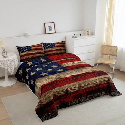 Castle Fairy American Flag Quilt Set Full Size, Brown Wooden Board Country Retro Farmhouse Natural Style Comforter Set for Girls Teens Bedroom Present, Microfiber Bedding Set with 2 Pillowcases