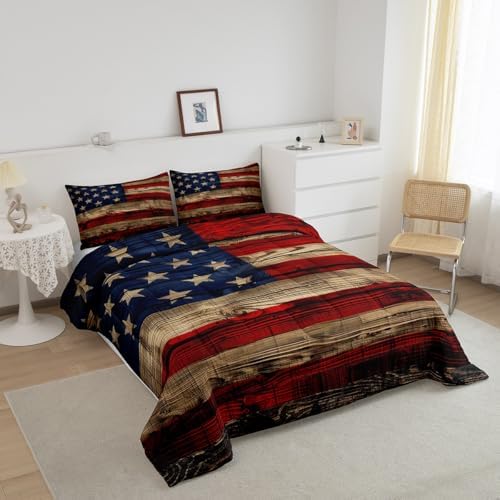 Castle Fairy American Flag Comforter Set Queen Size for Children Gift, Wooden Planks Painted as USA Flag Patriotic Country Style, Room Decorative Quilt Set with 2 Pillowcases, Ultra Soft