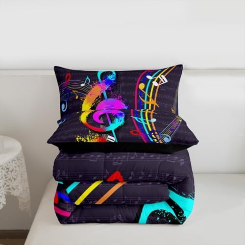 Music Note Comforter Set - Full Size Colorful Tie-Dye Hippie Style Bedding for Boys & Girls - Musical Notation Decor Duvet Insert - 3 Pcs