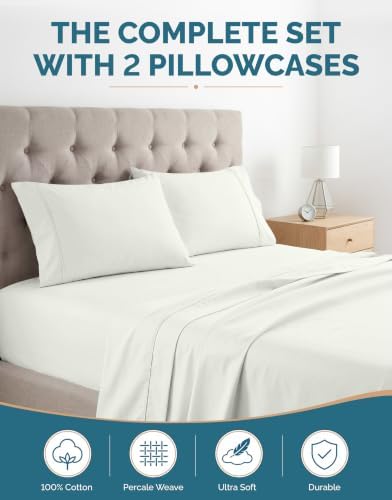 Casa Platino Twin Percale Sheet Set– 4 Piece 100% Cotton Sheet Set Twin, with 15” Deep Pocket Fitted Sheet, Crisp Weave for Cool Cozy Sleep, Soft & Breathable, Everyday Essential Sheets – Silver