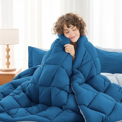 MUXHOMO 7 Pieces Full Comforter Set, Reversible Bed in a Bag Full Size, All Season Bedding Set with Comforter, Flat Sheet, Fitted Sheet, Pillowcases & Shams, Teal & Lake Blue