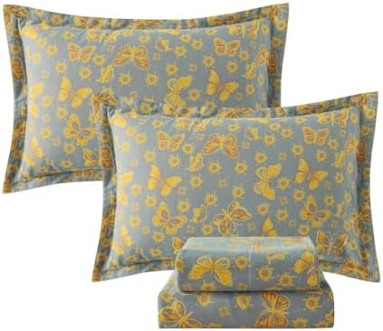FADFAY Butterfly Sheets Set King Vintage Yellow Grey Floral Bedding Shabby Farmhouse Bedding Super Soft Washed Double -Layer Muslin Sheets 100% Cotton Deep Pocket Fitted Sheet 4Pcs, King Size
