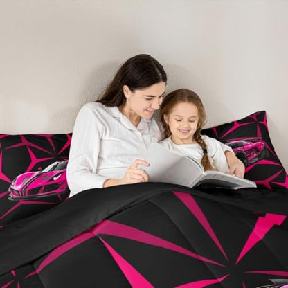 Castle Fairy Modern Race Cars Twin Size Comforter Set,Pink Racing Car Duvet Set Soft Bed Collection,Extreme Sport Abstract Geometric Lines Bedding Comforter for Boys Girls Bedroom,2 Pcs