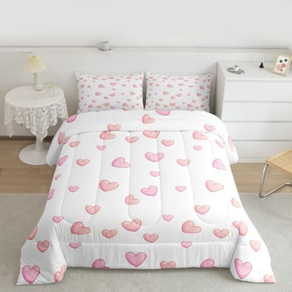jejeloiu Pink Heart Comforter Set King Size Kawaii Bedding Set for Kids Boys Girls Dreamy Princess Style Duvet Quilt Bedroom Decor Microfiber 3 Pcs with 2 Pillow Cases