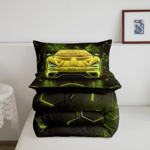 Feelyou Boys Race Car Comforter Set,Kids Sports Car Bedding Set Queen Size,Boys Bedroom Room Decor,Cool Speed Luxury Racing Car Comforter,Geometric Hexagon Racing Car Bed Set for All Season